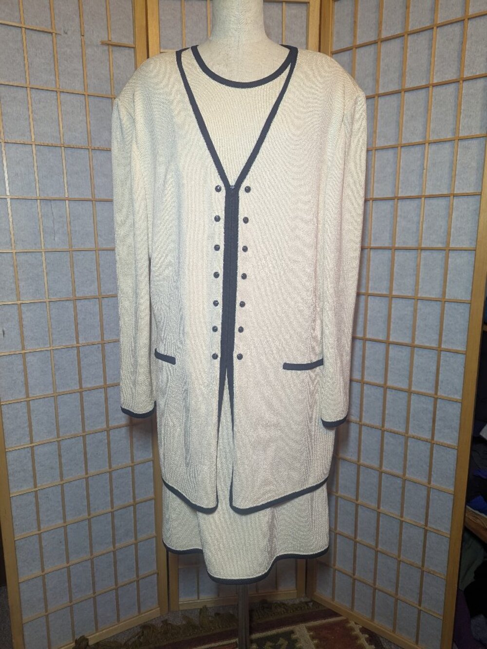 St John Santana Knit Dress Jacket Cream White Black Set Size 12 14